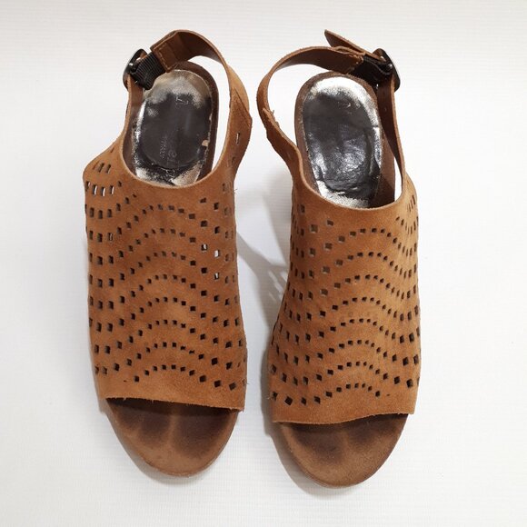 MIRABELLA Perforated Leather Platform Mules with Block Heel in Tan Suede Leather - Picture 7 of 11